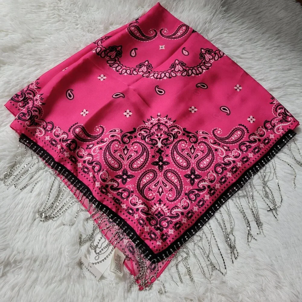 Versona Pink Bandana Scarf with Bling Fringe